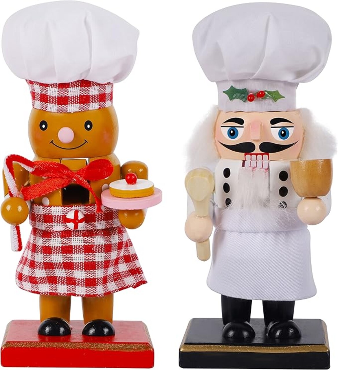 Set of 2 Christmas Nutcracker Figures, 7 Inch Wooden Nutcracker Santa Chef and Gingerbread Man Chef, Large Xmas Nutcracker Tabletop Centerpieces Mantel Shelves Decorations